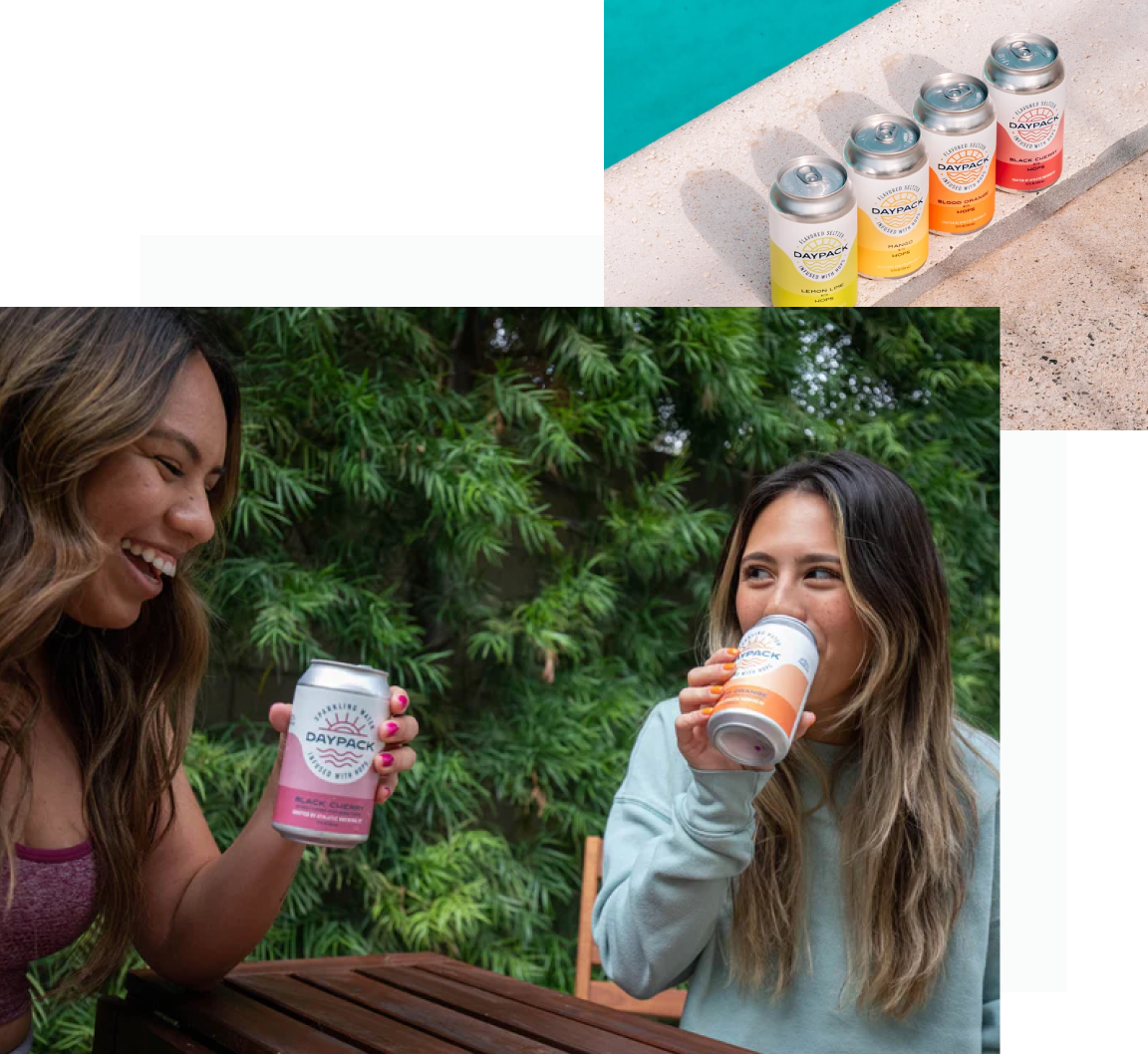 two women drinking daypack and daypack cans